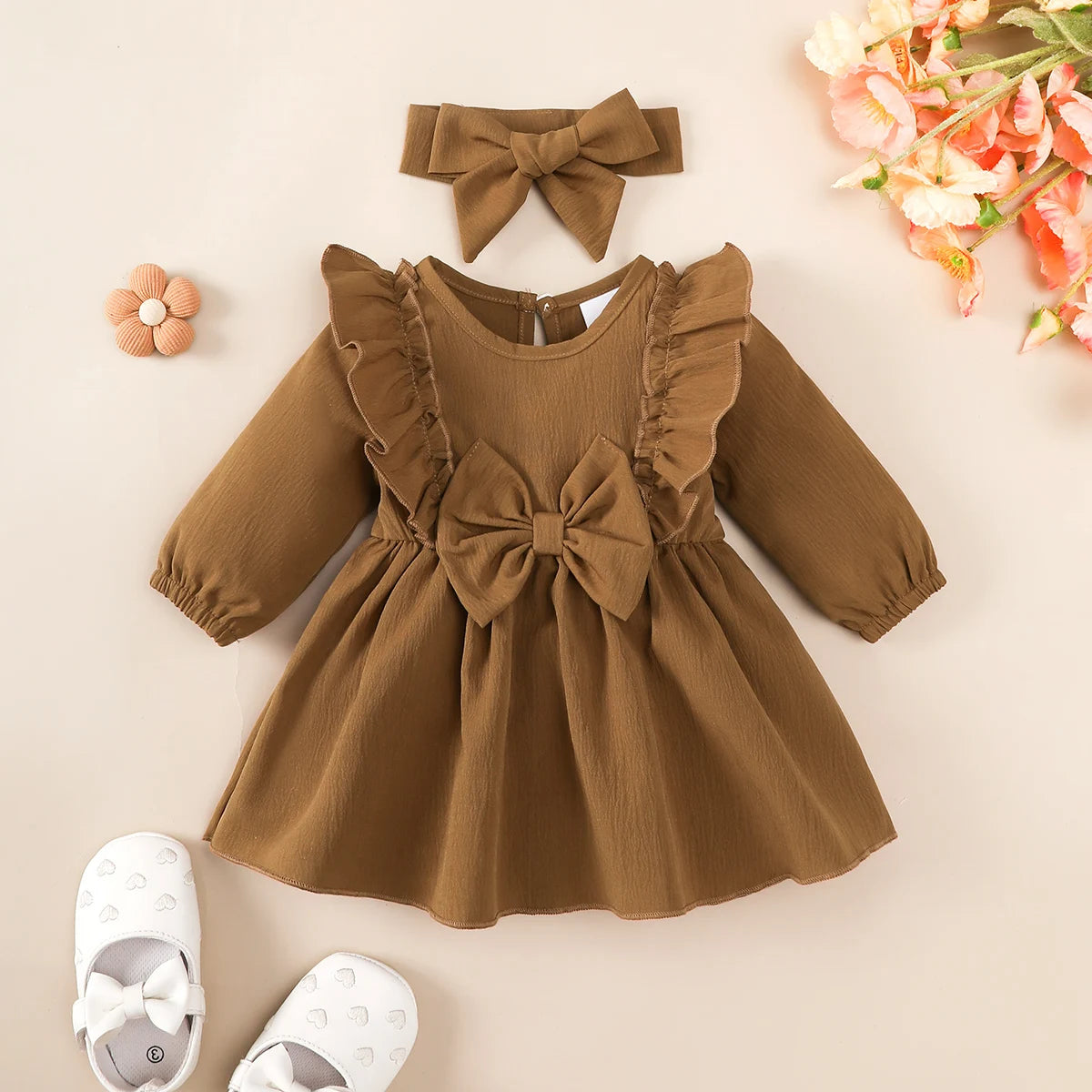 Baby Girl Autumn Dress with Ruffles & Bow + Headband, Long Sleeve, 0-18 Months