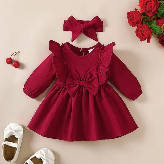 Baby Girl Autumn Dress with Ruffles & Bow + Headband, Long Sleeve, 0-18 Months