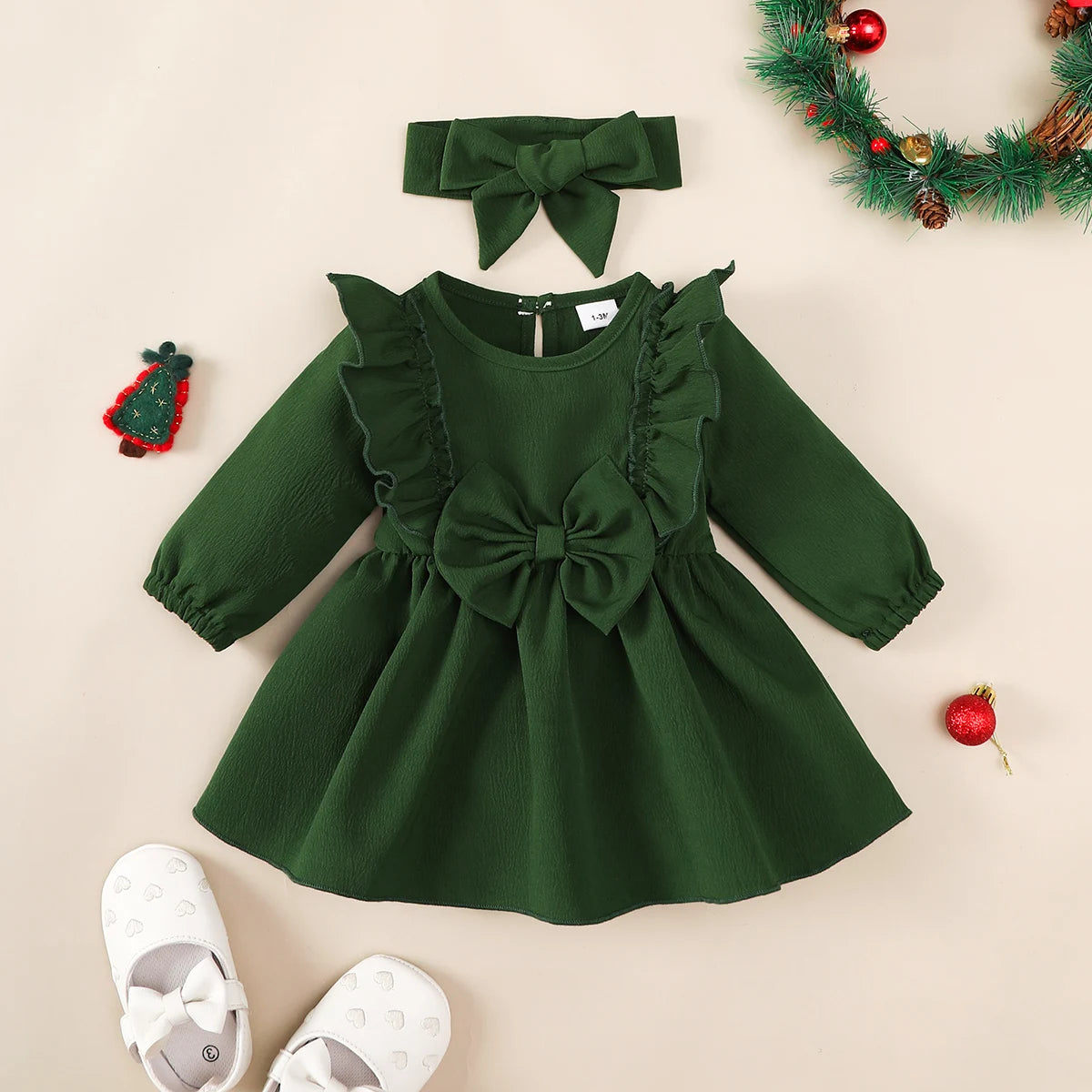 Baby Girl Autumn Dress with Ruffles & Bow + Headband, Long Sleeve, 0-18 Months