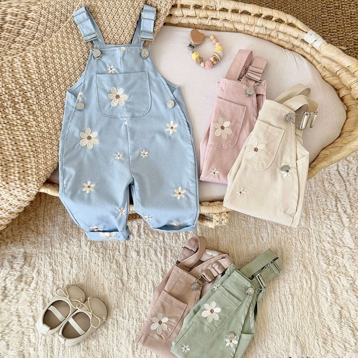 Baby Summer Romper | Floral Embroidery & Suspenders | Unisex 6M-3Y