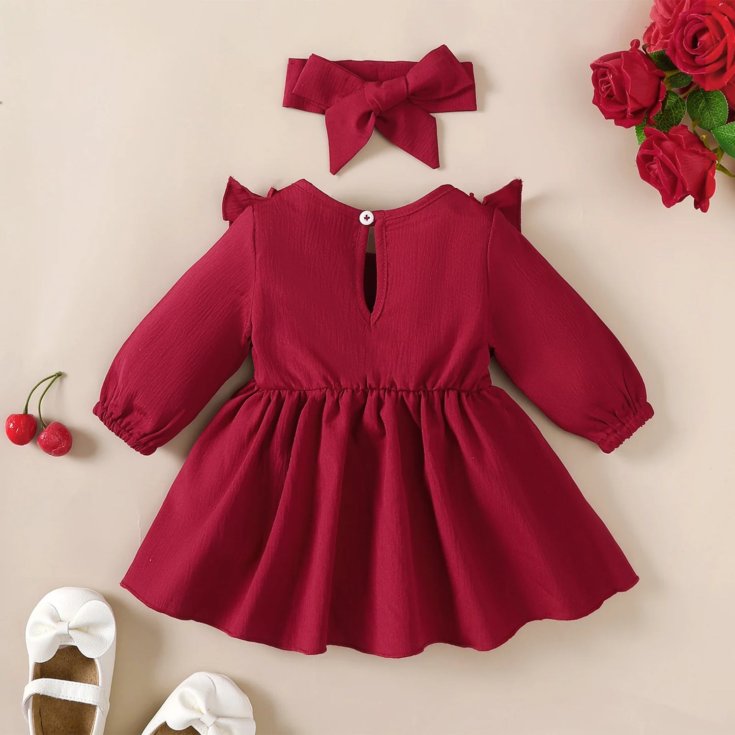 Baby Girl Autumn Dress with Ruffles & Bow + Headband, Long Sleeve, 0-18 Months