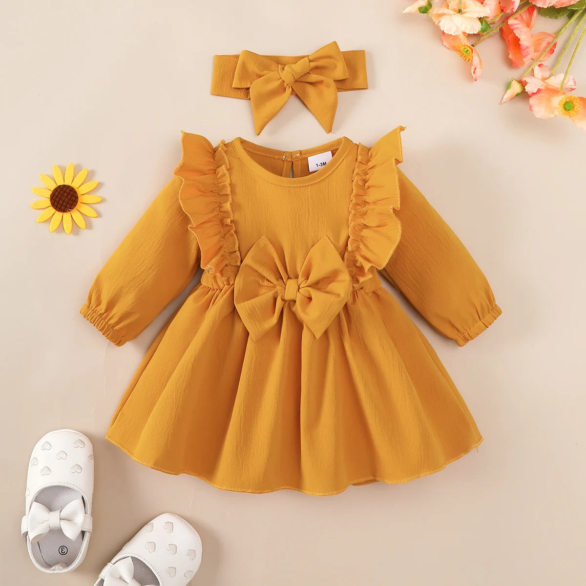 Baby Girl Autumn Dress with Ruffles & Bow + Headband, Long Sleeve, 0-18 Months