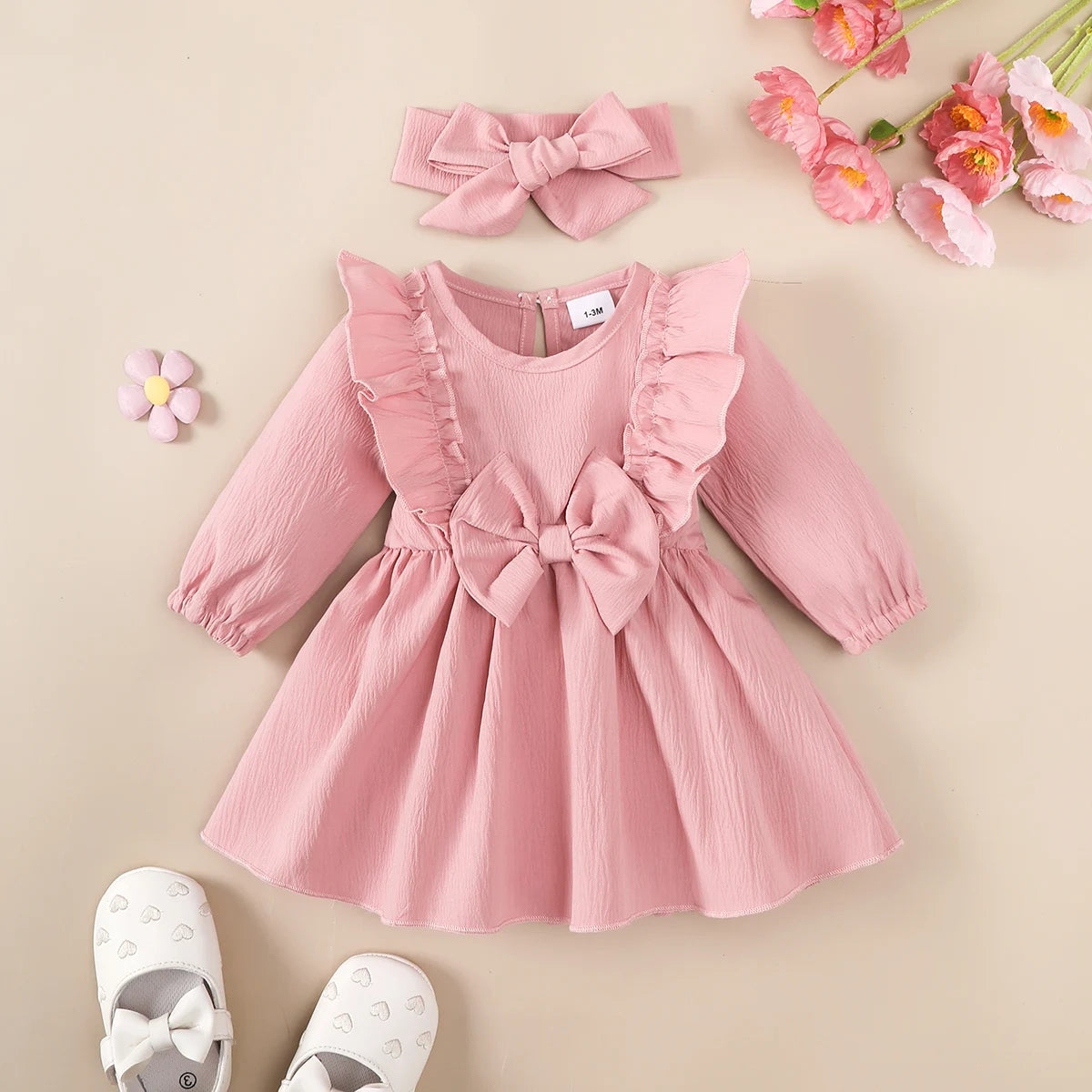 Baby Girl Autumn Dress with Ruffles & Bow + Headband, Long Sleeve, 0-18 Months